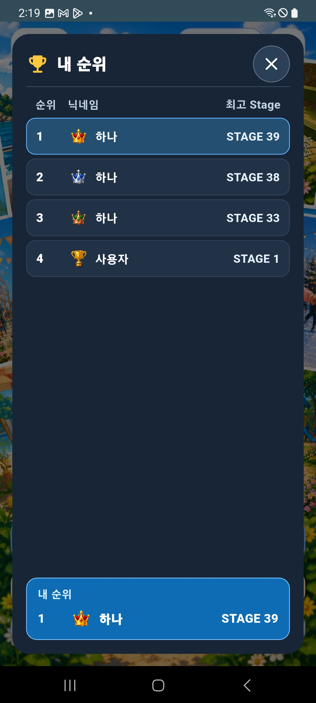 닉네임과 최고 Stage를 보여주는 KEYCAP 실제 랭킹 화면